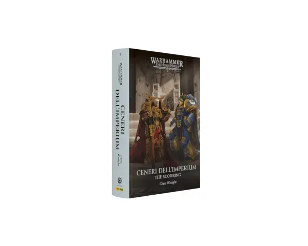 Copertina del libro "Ceneri dell'Imperium" di Warhammer+. Due figure in armatura dorata e blu si fronteggiano in un ambiente antico.