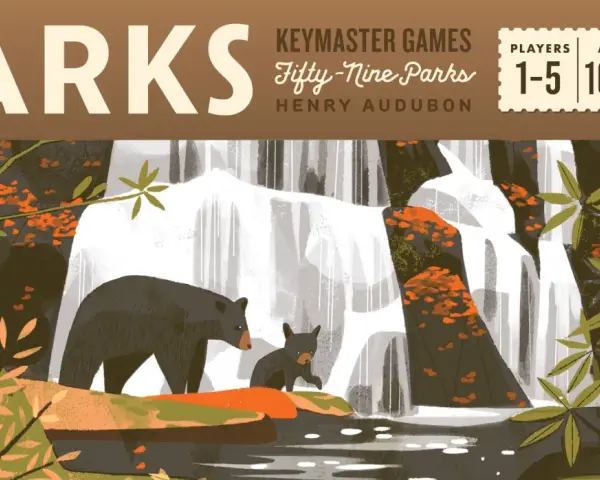 Copertina del gioco da tavolo PARKS: un orso e un cucciolo vicino a una cascata, con alberi autunnali.