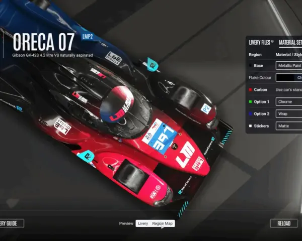 Auto da corsa Oreca 07 con livrea personalizzabile, un'anteprima per la tga community.
