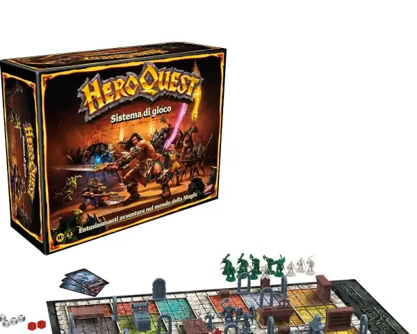HeroQuest board game box art and game board with miniatures and dice.