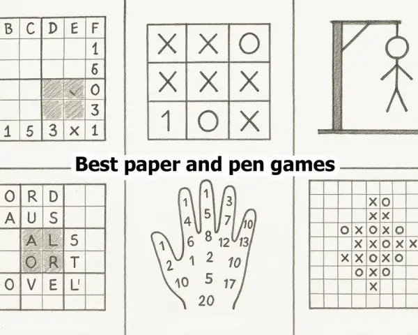 Sei giochi da stampare per adulti: battaglia navale, tris, l'impiccato, cruciverba, gioco della mano e griglia con X e O.