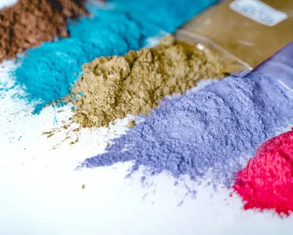 Variopinti pigmenti in polvere, pronti per essere usati in creazioni artistiche.
