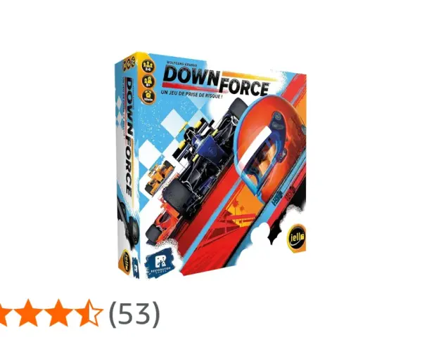 Scatola del gioco da tavolo "Down Force", con auto da corsa e un casco arancione. Un gioco di rischio e velocità.