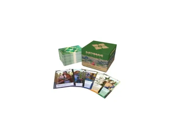 Scatola e carte del gioco da tavolo Earthborne Rangers. Un mazzo di carte è visibile in primo piano, con illustrazioni colorate.