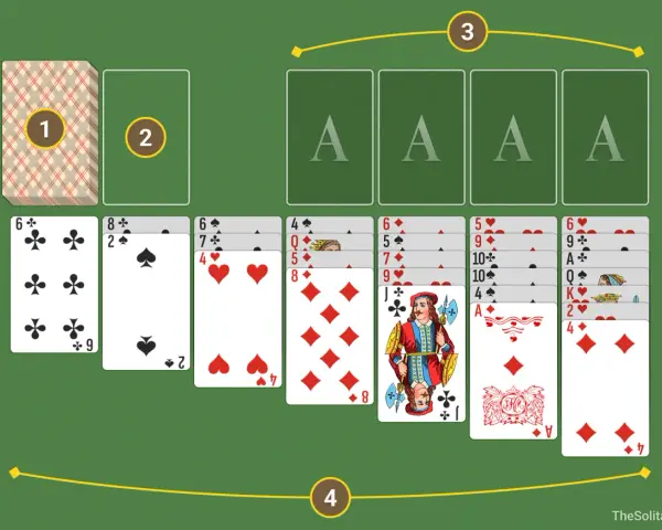 Un tavolo da gioco verde con carte da giochi di carte da tavolo solitario disposte. Ci sono quattro assi in alto e sette colonne di carte sotto.