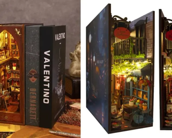 Un book nook cos'è? Un mondo in miniatura tra i libri: una libreria segreta e un vicolo illuminato.