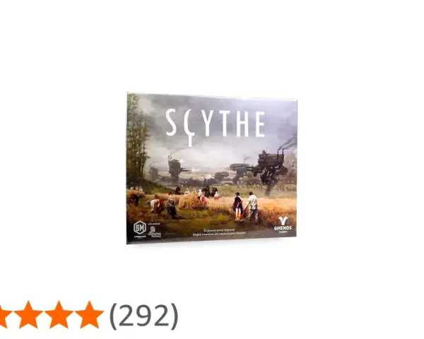 Copertina del gioco da tavolo Scythe, con un paesaggio rurale post-bellico e robot. Il regolamento è incluso.