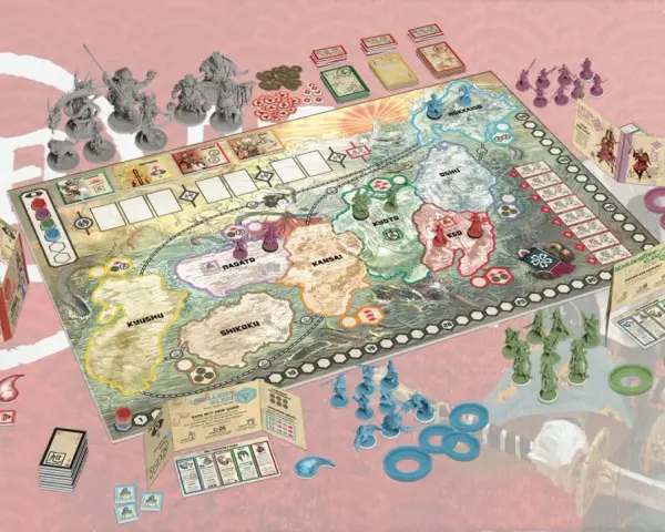 La mia recensione di Rising Sun: un gioco da tavolo strategico con miniature dettagliate, un tabellone che raffigura il Giappone feudale e tante pedine colorate.