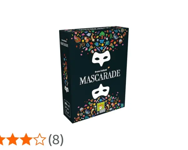 Scatola del gioco da tavolo "Mascarade", con maschere bianche e decorazioni colorate su sfondo nero. Un divertente gioco di bluff e identità.