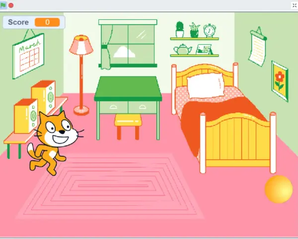 Gatto arancione corre in una stanza con letto, scrivania e pallina. Un progetto di scratch building.