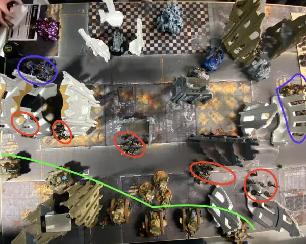 Un campo di battaglia di Warhammer con miniature di guardia imperiale in posizioni strategiche tra rovine e veicoli.
