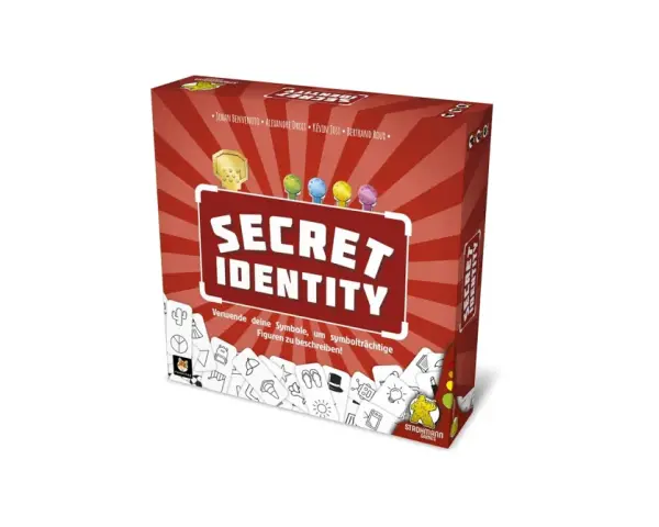 Scatola del gioco da tavolo "Secret Identity". Un gioco di deduzione dove i giocatori usano simboli per descrivere personaggi misteriosi.