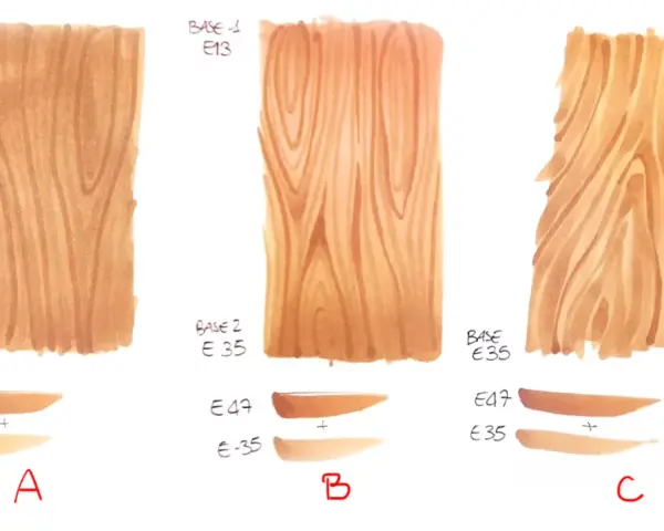 Esempi di tampone effetto legno fai da te con diverse basi e sfumature.