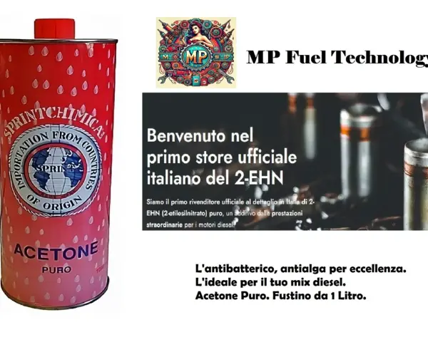 Fustino rosso con etichetta "Acetone Puro" e logo "Sprint Chimica". Accanto, testo promozionale per "MP Fuel Technology" e un additivo diesel.