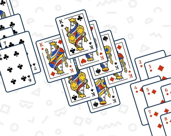 Carte da gioco sparse, tra cui Re di cuori e fiori, e sequenze di carte di quadri e fiori. Un gioco di carte come Macao.