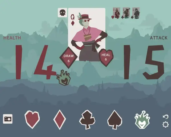 Schermata di gioco con personaggio stilizzato, carte e statistiche. Il regolamento del regicide è chiaro: salute 14, attacco 15.