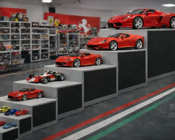 Una tabella scala modellismo auto Ferrari, con modelli di diverse dimensioni disposti su gradini.