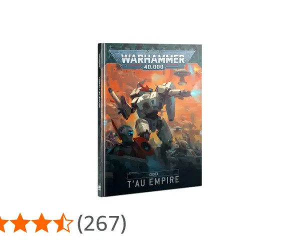 Copertina del Codex T'au Empire per Warhammer 40,000, con un imponente mech e guerrieri T'au in battaglia.