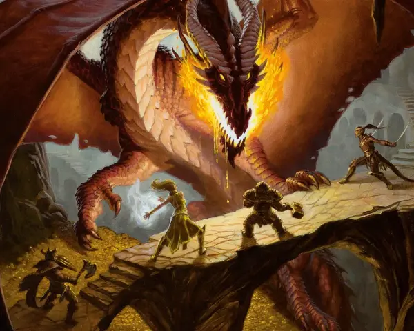Un drago sputa fuoco, minacciando un gruppo di avventurieri. I pericoli sono ovunque, ma il coraggio non manca.