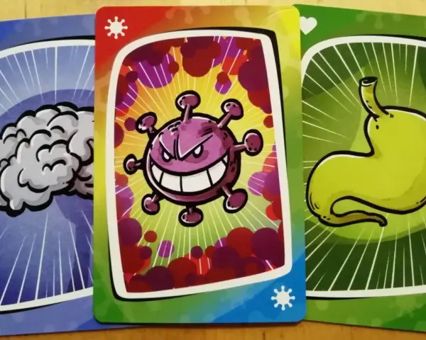 Carte di un gioco: un cervello, un virus minaccioso e uno stomaco. Chi vincerà la battaglia?
