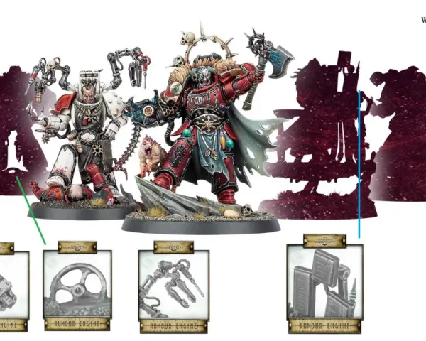 Eroi di Warhammer Italia in posa, con silhouette di guerrieri e dettagli di equipaggiamento.