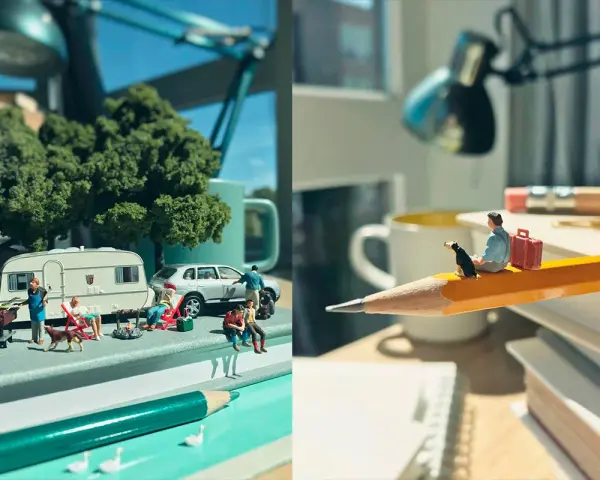 Un diorama cos'è? Scene in miniatura: un campeggio con roulotte e persone, e un uomo con cane su una matita.