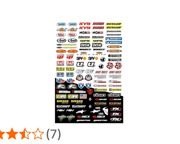 Un assortimento di decalcomania tecnica per moto, con marchi come Shoei, Dunlop, Michelin e Arai, ideale per personalizzare il tuo mezzo.
