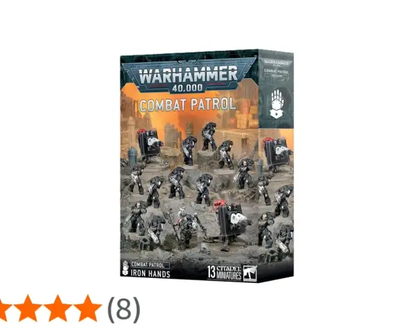 Scatola di Warhammer 40,000 Combat Patrol con miniature degli Iron Hands, pronte per la battaglia.