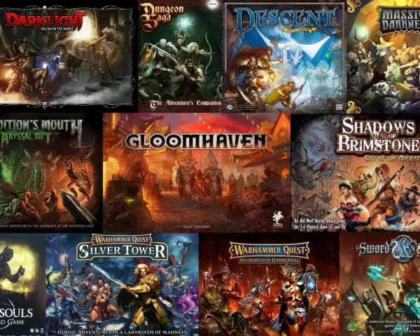 Collezione di copertine di giochi da tavolo, tra cui diversi giochi di ruolo dungeon crawler come Gloomhaven e Descent.