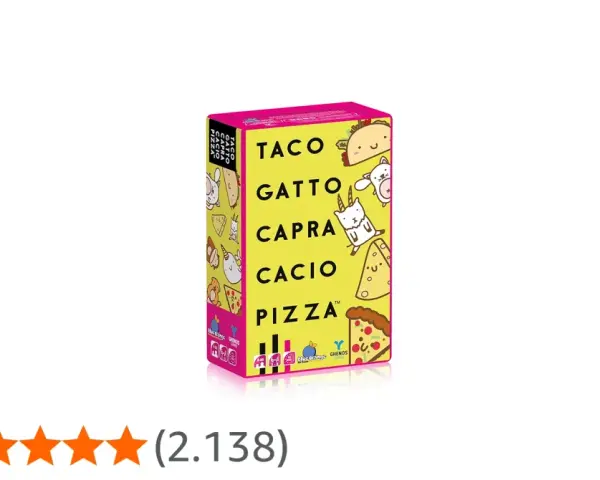 Scatola del gioco Taco Gatto Capra Cacio Pizza con disegni simpatici di un taco, un gatto, una capra e una pizza.