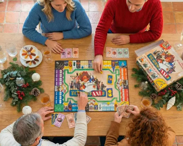 Famiglia riunita attorno a un tavolo di legno per divertenti giochi sociali, con un gioco da tavolo, carte, bevande e decorazioni natalizie.