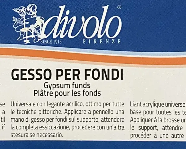 Impasto di gesso e vinavil per fondi, ideale per ogni tecnica pittorica. Si applica a pennello, attende l'essiccazione e si procede con altre stesure se necessario.