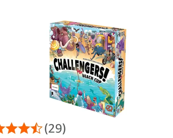 Scatola del gioco da tavolo "Challengers! Beach Cup" con personaggi stravaganti su una spiaggia e in mare.