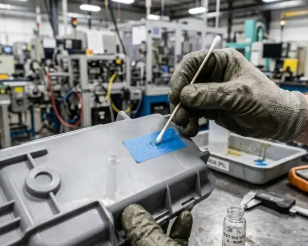 Guanto con cotton fioc applica solvente su plastica, un metodo per togliere la vernice.