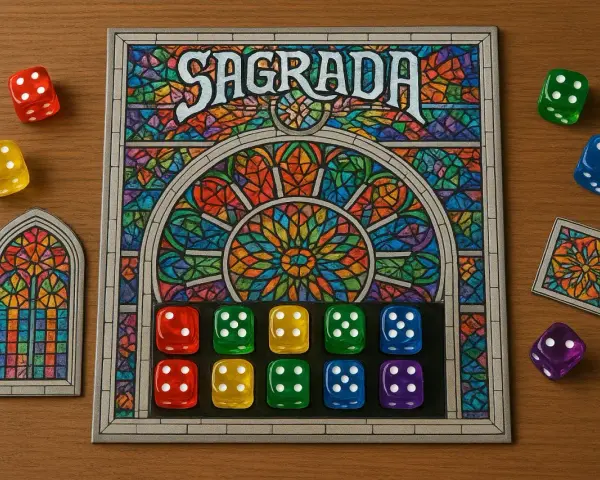 Il gioco da tavolo Sagrada, con dadi colorati e un design ispirato alle vetrate, pronto per una partita.