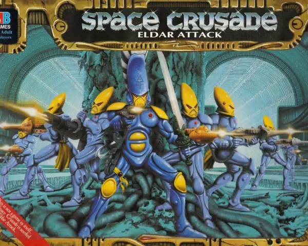 Guerrieri Eldar in armatura blu e gialla, pronti per la loro space crusade, sparano con armi laser.