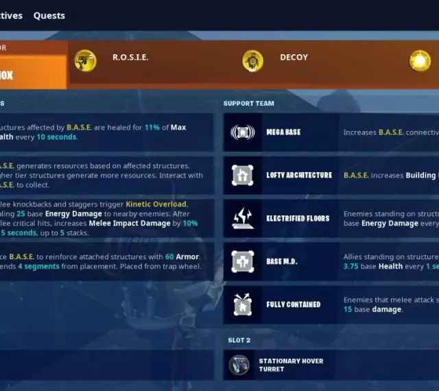 Fortnite loadout screen showing "Power B.A.S.E. Knox" constructor, perks, and support team abilities.