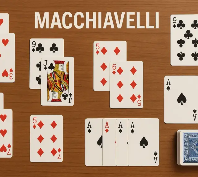 Carte da gioco disposte sul tavolo per il machiavelli gioco: assi, figure e numeri.