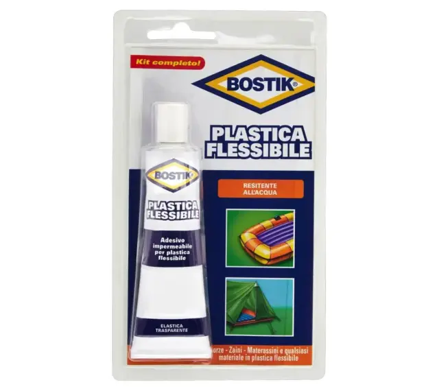 Kit Bostik per come incollare la plastica flessibile. Adesivo impermeabile e trasparente per riparare gommoni, tende e altri materiali.