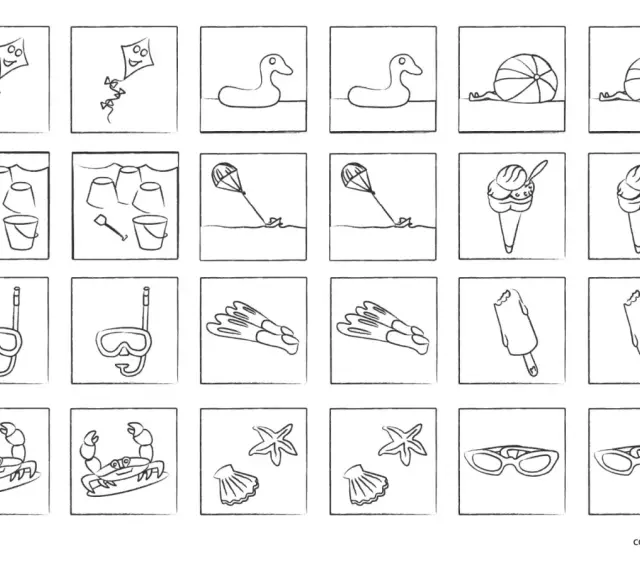 Serie di disegni estivi per giochi da stampare: aquiloni, secchielli, maschere, gelati, granchi, stelle marine e occhiali da sole.