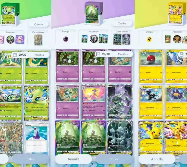 Tre mazzi di carte Pokémon, uno verde con Celebi, uno viola con Gardevoir, e uno giallo con Pikachu, pronti per il meta.