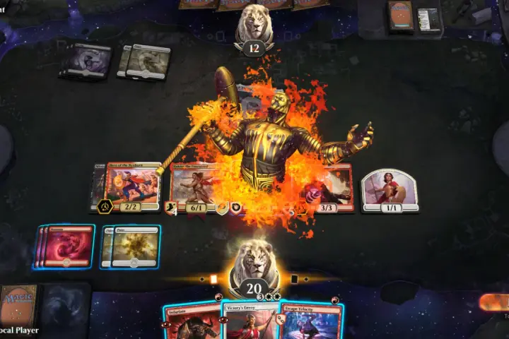 Un giocatore sta imparando come si gioca a Magic, con creature in fiamme e carte sul campo di battaglia.