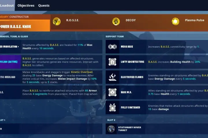 Fortnite loadout screen showing "Power B.A.S.E. Knox" constructor, perks, and support team abilities.