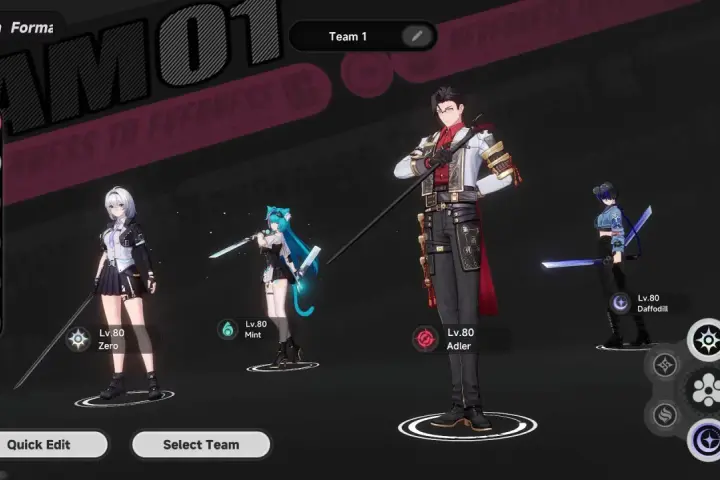 Personaggi pronti per i giochi roleplay: Zero, Mint, Adler e Daffodill, tutti al livello 80.