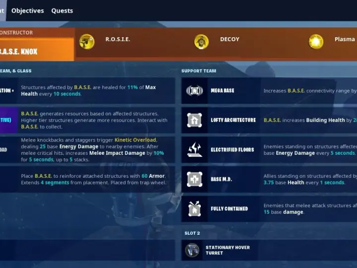 Fortnite loadout screen showing "Power B.A.S.E. Knox" constructor, perks, and support team abilities.