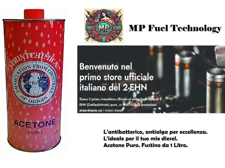 Fustino rosso con etichetta "Acetone Puro" e logo "Sprint Chimica". Accanto, testo promozionale per "MP Fuel Technology" e un additivo diesel.