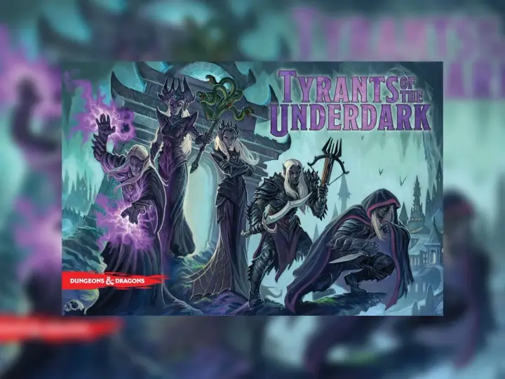 I tiranni dell'Underdark, elfi oscuri con armature e armi minacciose, preparano un attacco in un paesaggio sotterraneo.