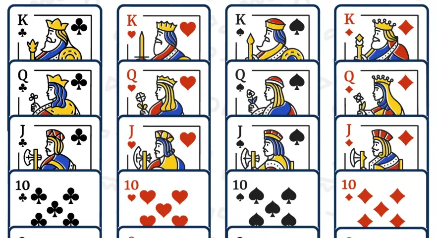 Carte da gioco: Re, Regina e Fante di cuori, quadri, fiori e picche. Un set completo per il tuo gioco di carte King.