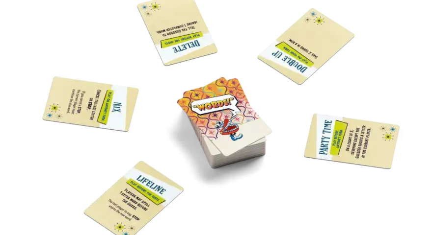 Carte da gioco con scritte come "DELETE", "DOUBLE UP", "PARTY TIME", "LIFELINE" e "NIX", che illustrano le regole del gioco "nome in codice regole".