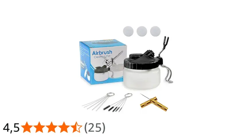 Kit per pulire aerografo: barattolo, spazzolini e aghi per una pulizia impeccabile.